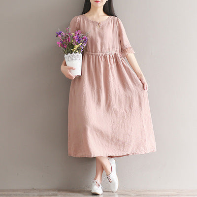 A New Short Sleeve Loose Size Women"s Cotton Hemp Dress With Hair Style In Spring And Summer Of