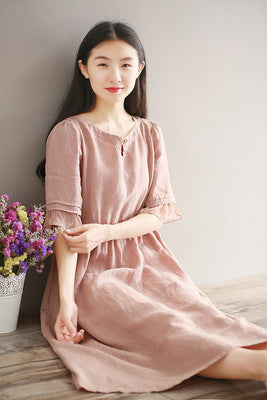 A New Short Sleeve Loose Size Women"s Cotton Hemp Dress With Hair Style In Spring And Summer Of