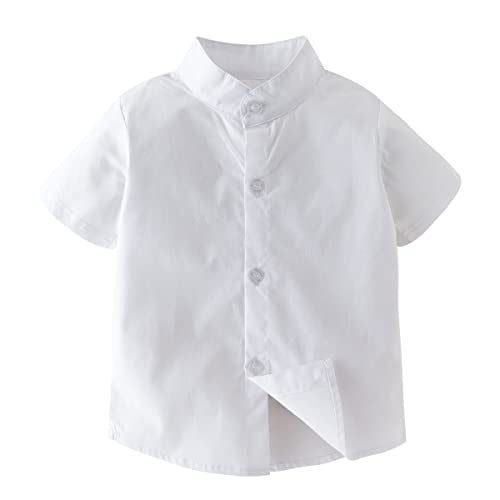 stylesilove Toddler Boys Band Collar Short Sleeve White Cotton Button Down Shirt for Casual, Formal Event, Special Occasions