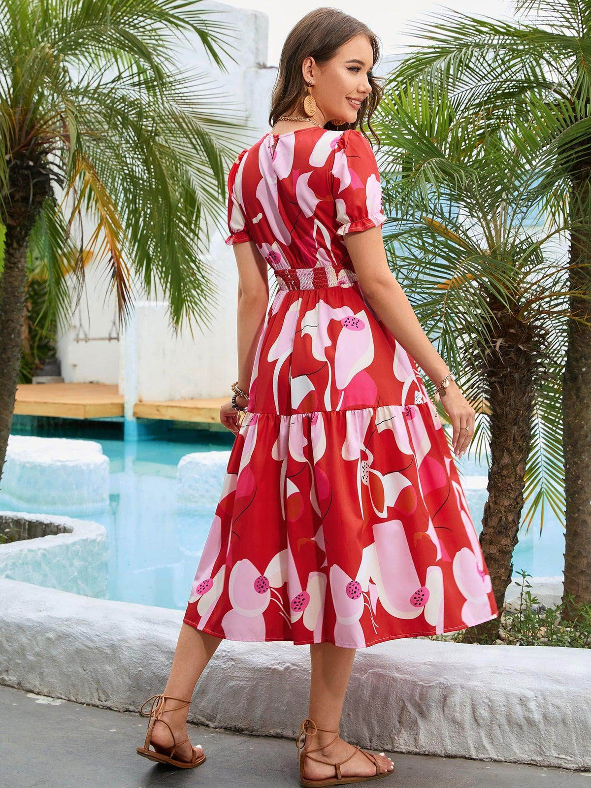 Printed Round Neck Flounce Sleeve Midi Dress for Women