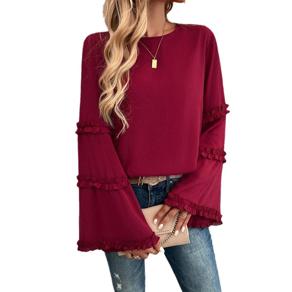 Elegant Socialite Trumpet Sleeved Top – Stylish Ruffled Blouse for Trendy Women