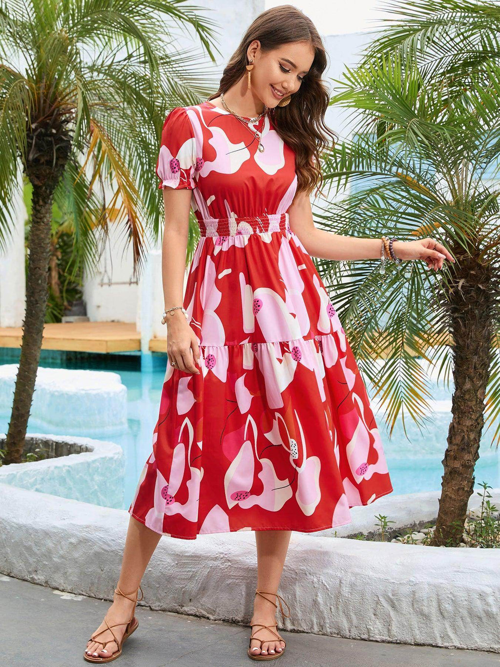 Printed Round Neck Flounce Sleeve Midi Dress for Women