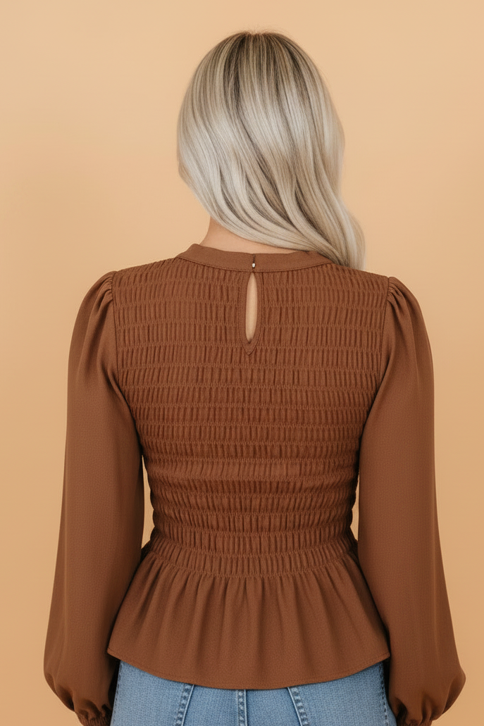 Solid Smocked Ruffle Hem Long Sleeve Blouse