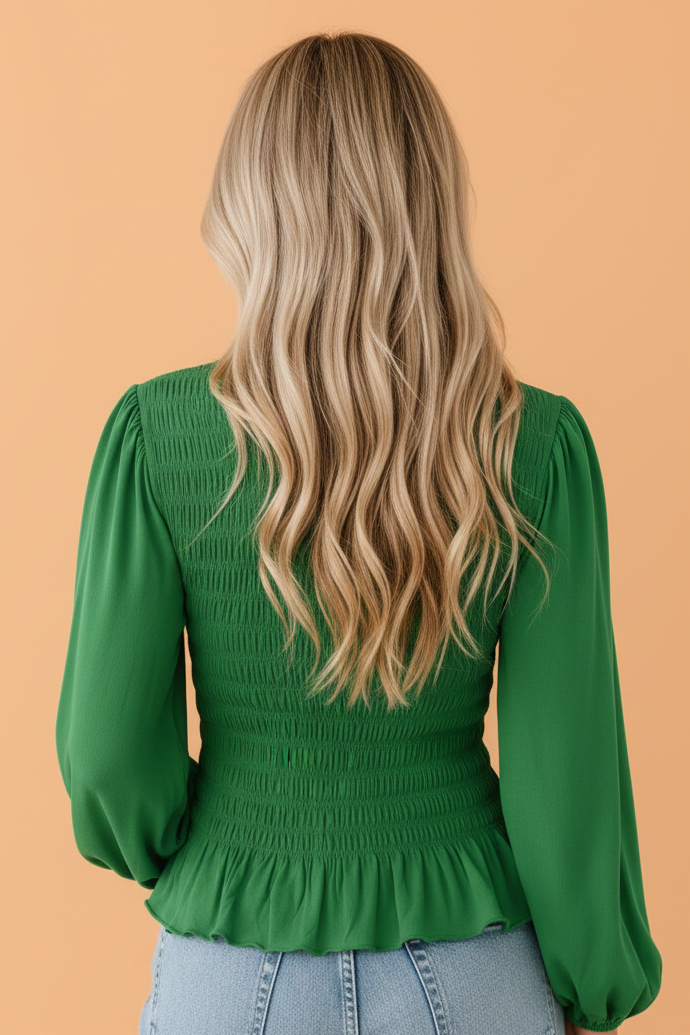 Solid Smocked Ruffle Hem Long Sleeve Blouse