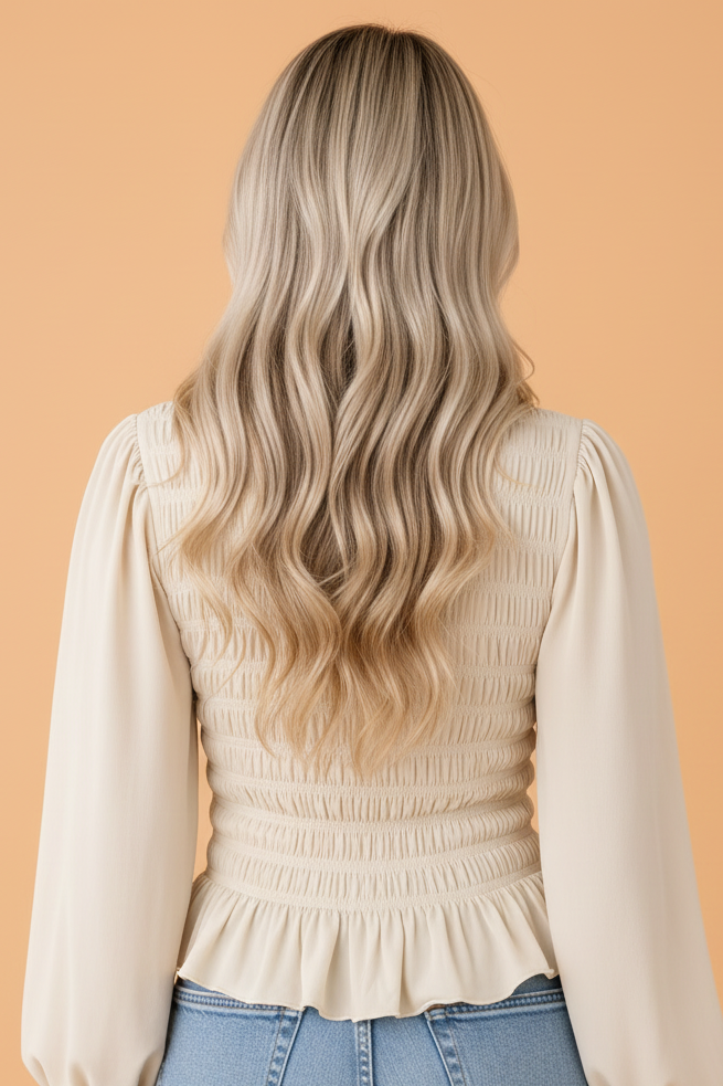 Solid Smocked Ruffle Hem Long Sleeve Blouse