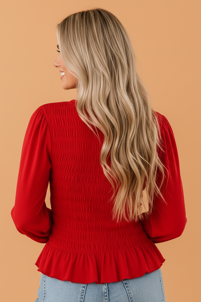 Solid Smocked Ruffle Hem Long Sleeve Blouse