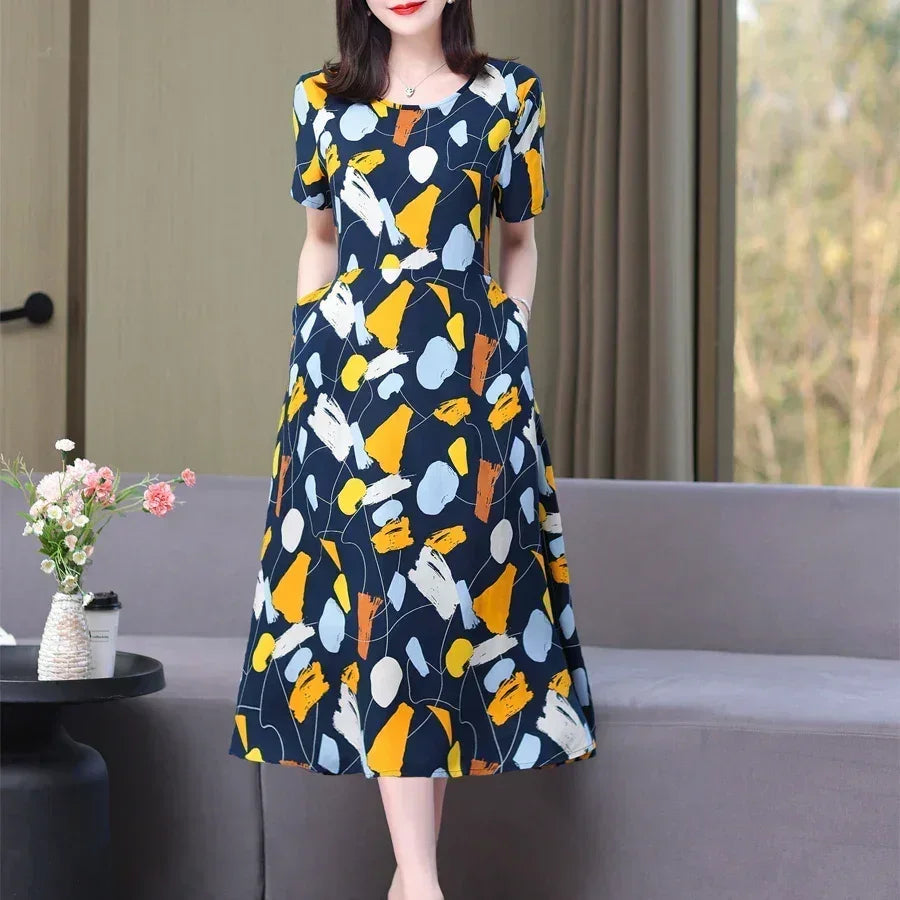 New Fashion Casual 2024 Summer Elegant Dresses For Women O-Neck Print Vintage Short Sleeve Dress Loose Women Clothing