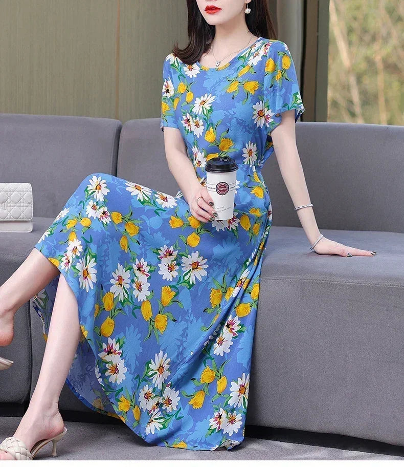 New Fashion Casual 2024 Summer Elegant Dresses For Women O-Neck Print Vintage Short Sleeve Dress Loose Women Clothing