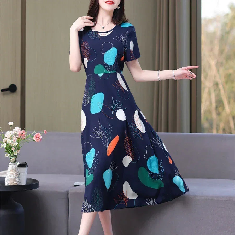 New Fashion Casual 2024 Summer Elegant Dresses For Women O-Neck Print Vintage Short Sleeve Dress Loose Women Clothing