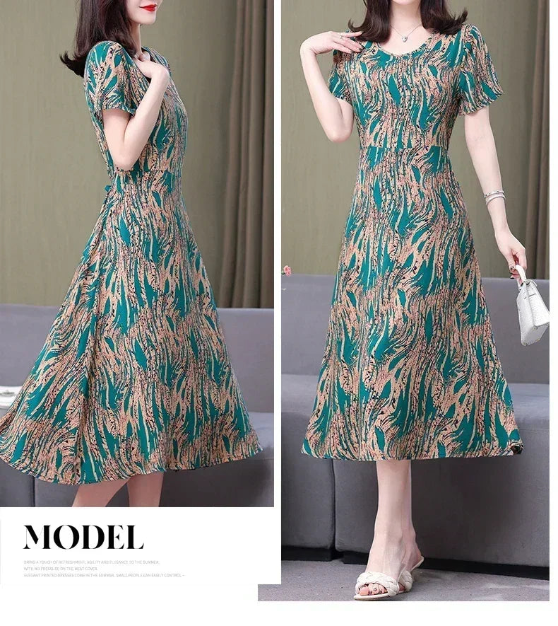 New Fashion Casual 2024 Summer Elegant Dresses For Women O-Neck Print Vintage Short Sleeve Dress Loose Women Clothing
