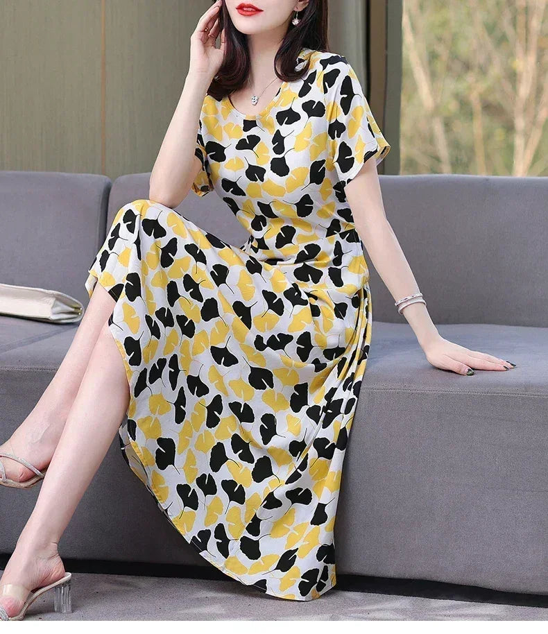 New Fashion Casual 2024 Summer Elegant Dresses For Women O-Neck Print Vintage Short Sleeve Dress Loose Women Clothing