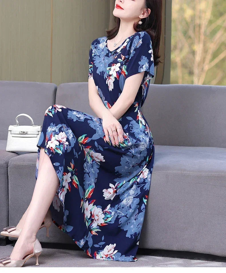 New Fashion Casual 2024 Summer Elegant Dresses For Women O-Neck Print Vintage Short Sleeve Dress Loose Women Clothing