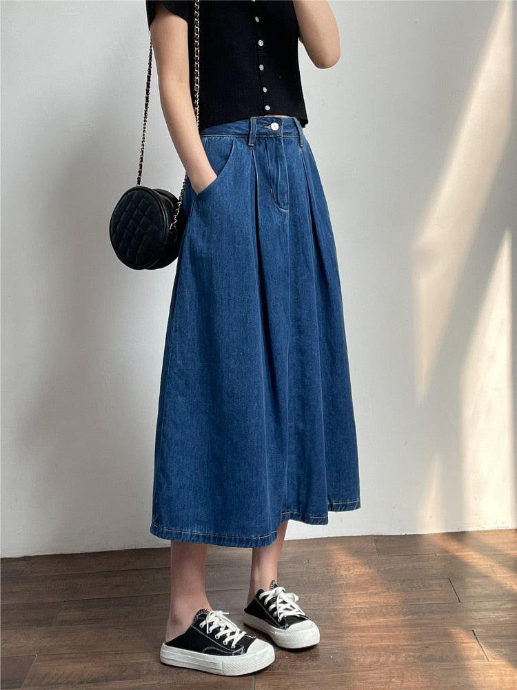 Denim Skirts Women Casual High Waist Lady Loose Vintage Dark Blue Skirts