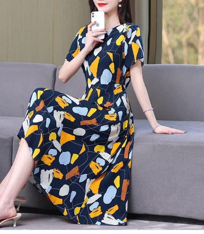 New Fashion Casual 2024 Summer Elegant Dresses For Women O-Neck Print Vintage Short Sleeve Dress Loose Women Clothing
