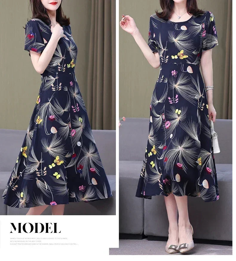 New Fashion Casual 2024 Summer Elegant Dresses For Women O-Neck Print Vintage Short Sleeve Dress Loose Women Clothing