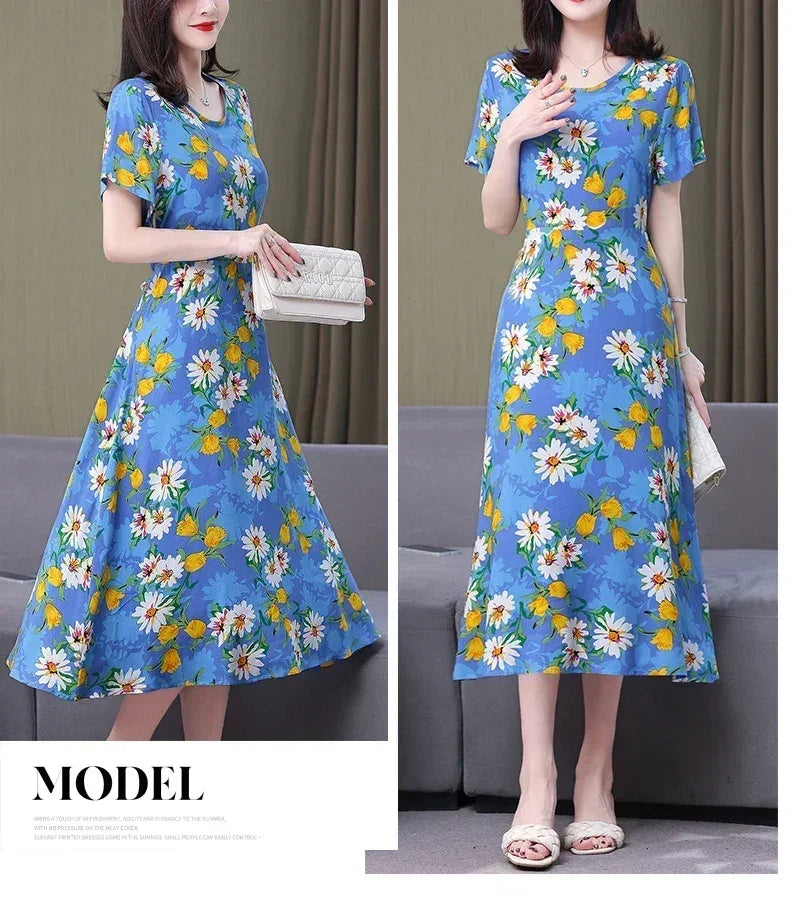 New Fashion Casual 2024 Summer Elegant Dresses For Women O-Neck Print Vintage Short Sleeve Dress Loose Women Clothing