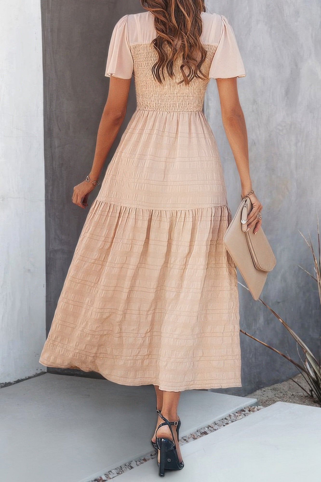 Ruffle Sleeve And Hem Top Shirred Crew Neck Dress
