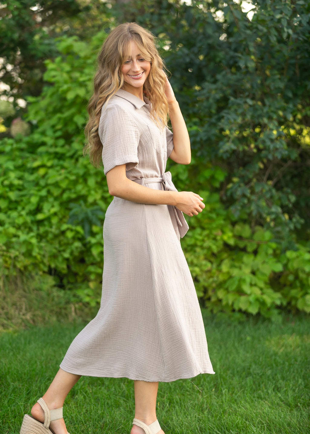 Essential Taupe Short Sleeve Gauze Shirt Dress