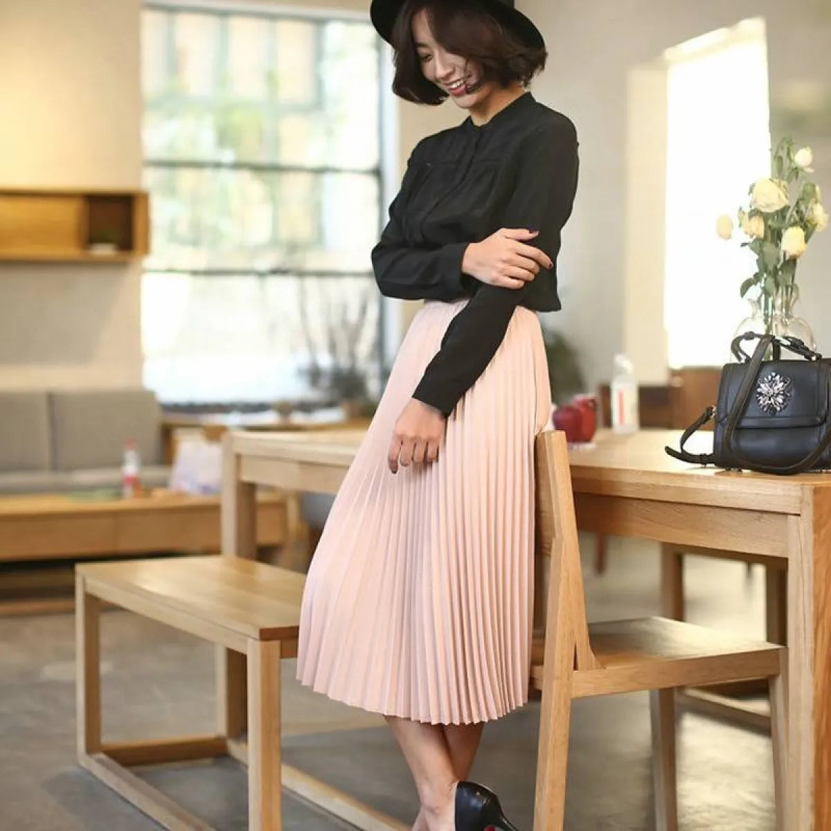 High Waist Pleated Length Elastic Skirt