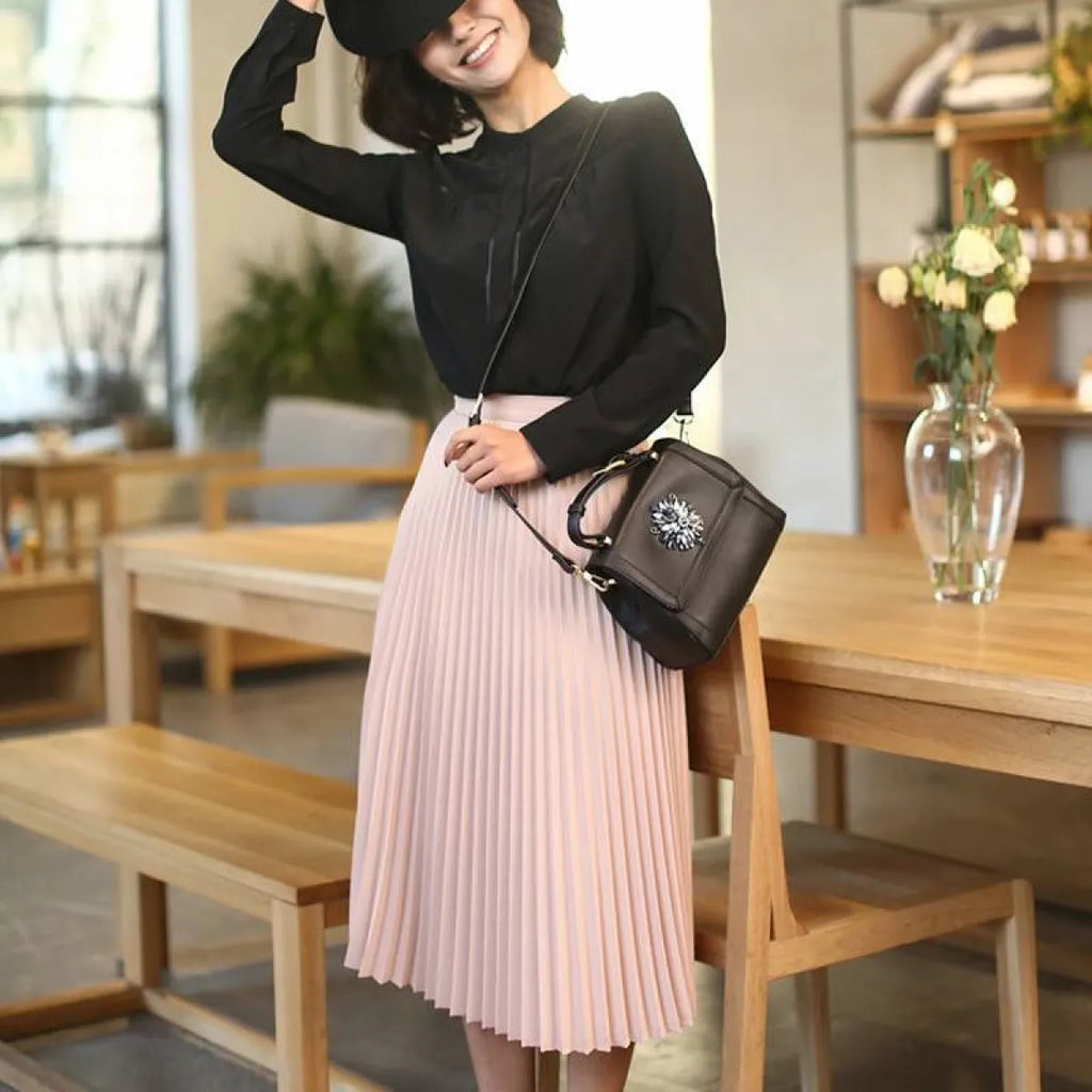 High Waist Pleated Length Elastic Skirt