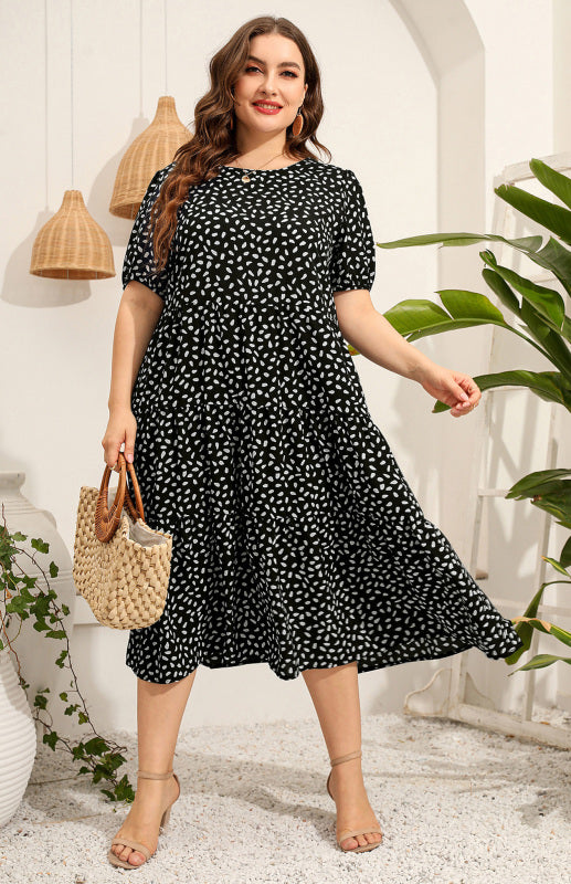 Maternity Dress - Plus Size Short Sleeve Puffed Sleeve Print Dress