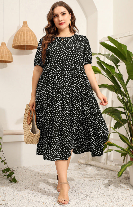 Maternity Dress - Plus Size Short Sleeve Puffed Sleeve Print Dress