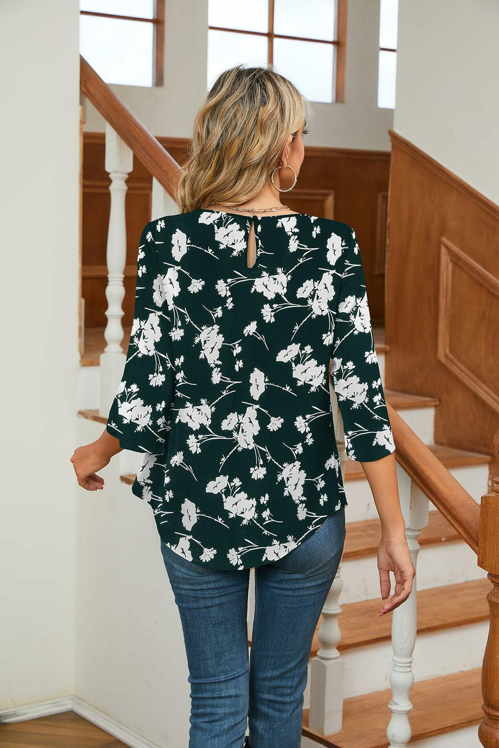 TASAMO Women's 3/4 Sleeve Loose Blouse Tunic Top Dark Green Size XX-Large