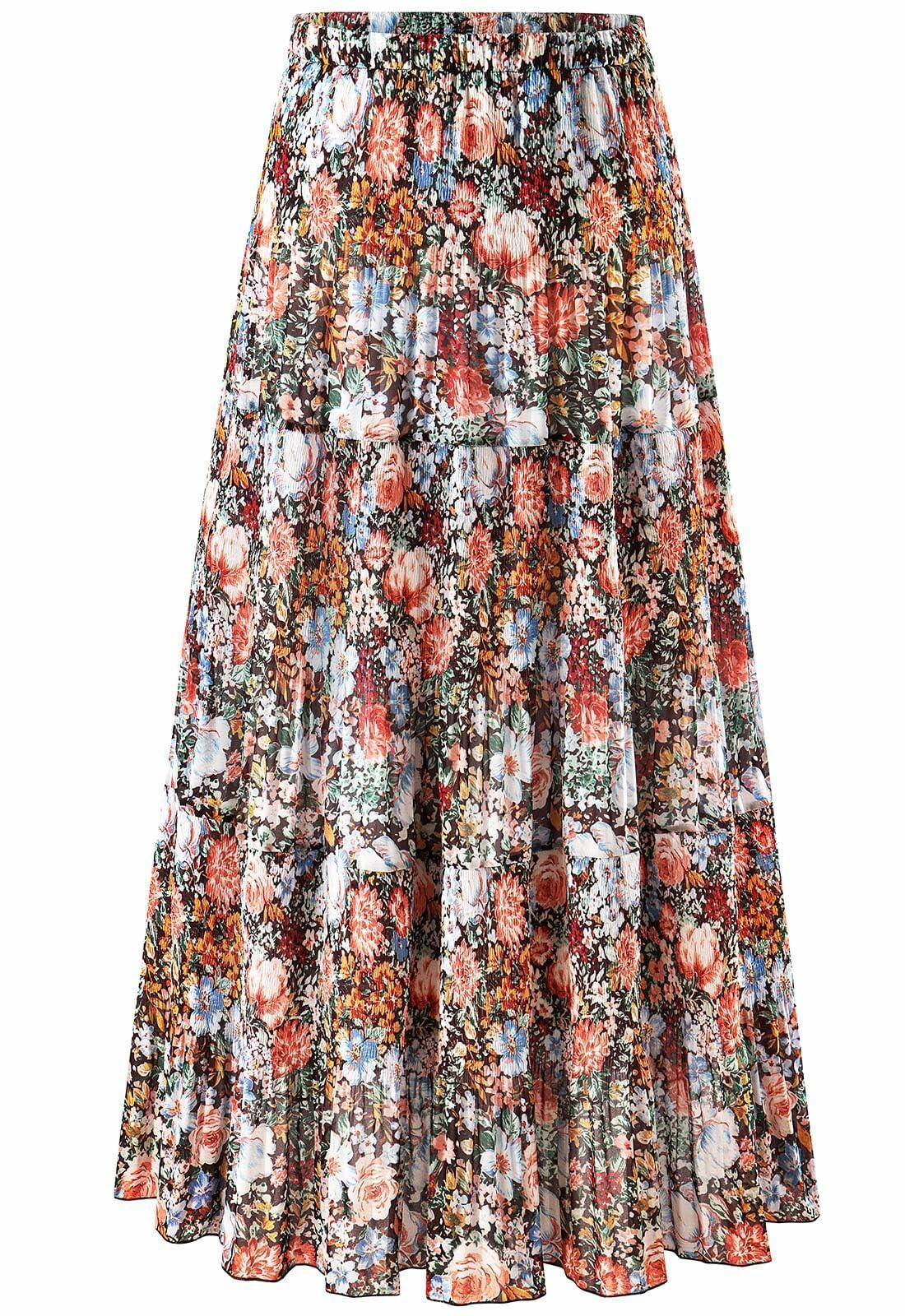 Wielsscca Women's Pleated Floral Chiffon Maxi Skirt Light Green Size L